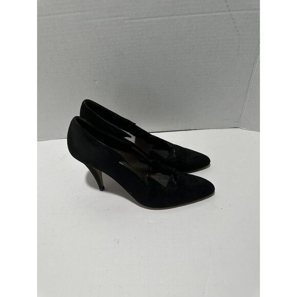 BALLY Vintage Avant Garde Black Suede Heel Pumps Sz 9 - Made in Italy Cut Edges - Picture 5 of 11